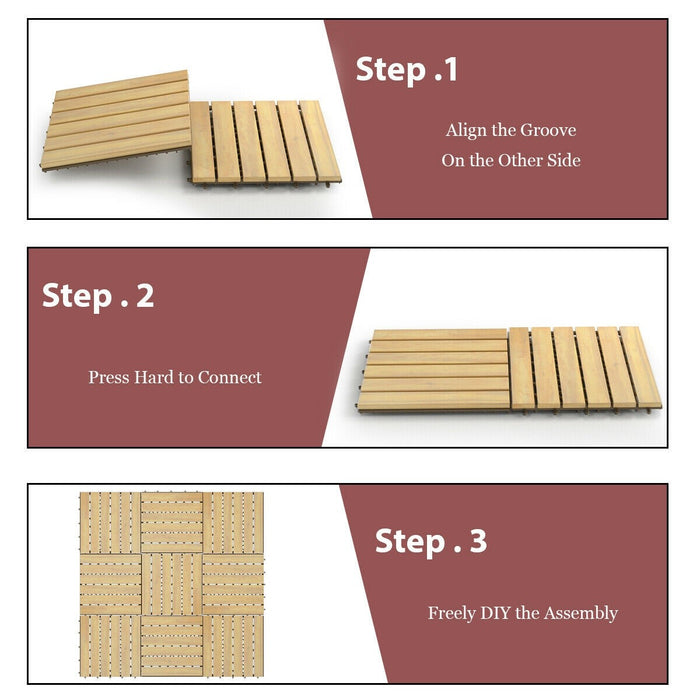 10 PCS 12" x 12" Acacia Wood Interlocking Stripe Deck Tiles