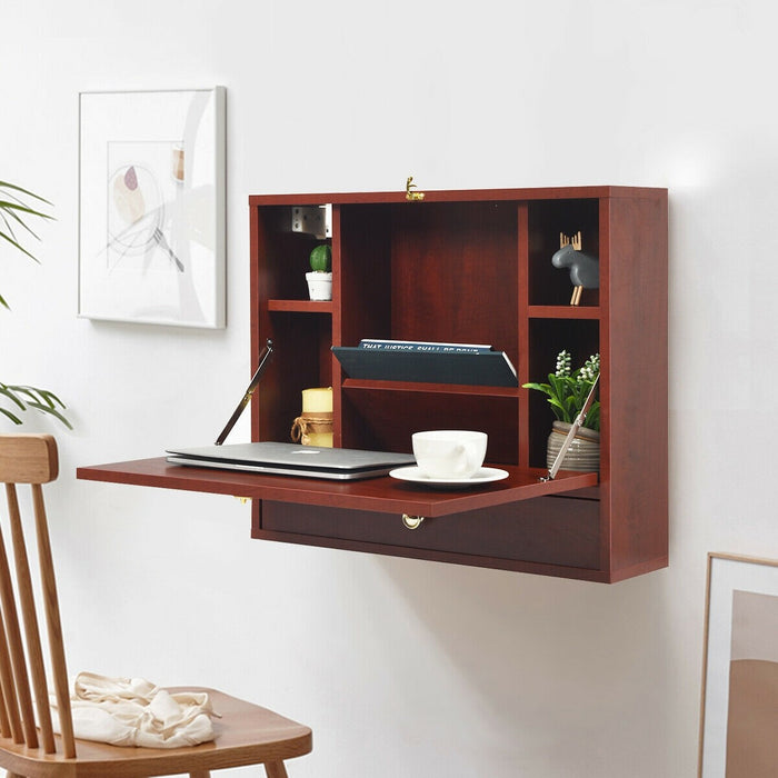 Wall Mounted Folding Laptop Desk Hideaway Storage with Drawer