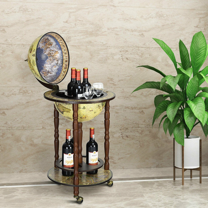 Italian Style Design Wooden Globe Liquor Bottle Wine Rack with Wheels