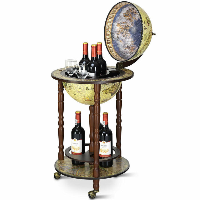 Italian Style Design Wooden Globe Liquor Bottle Wine Rack with Wheels