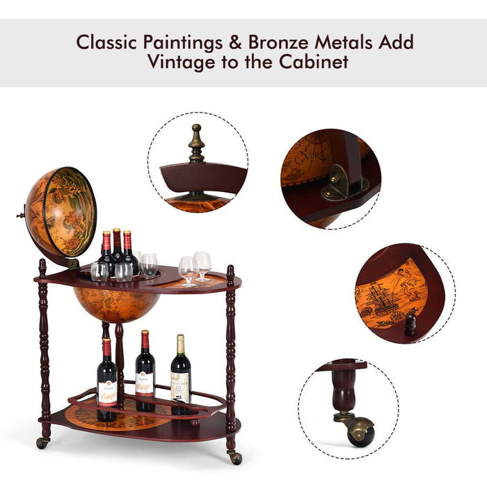 34'' 16th Century Italian Rack Liquor Bottle Shelf Lekki Wood Globe Wine Bar Stand