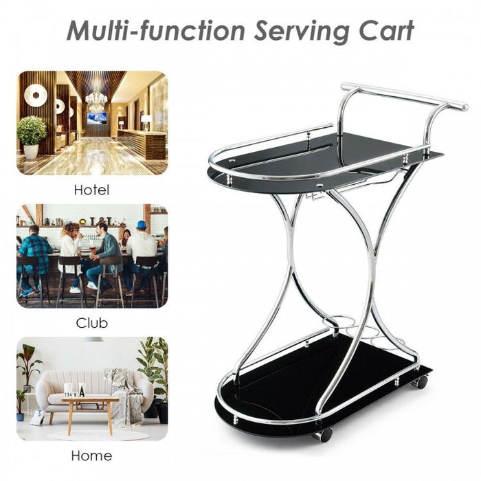 Glass Serving Rolling Bar Cart with Metal Frame