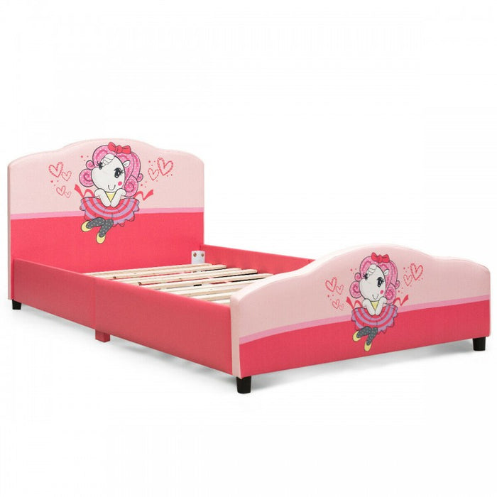 COSTWAY Children Upholstered Platform Bed Girl Pattern Bed