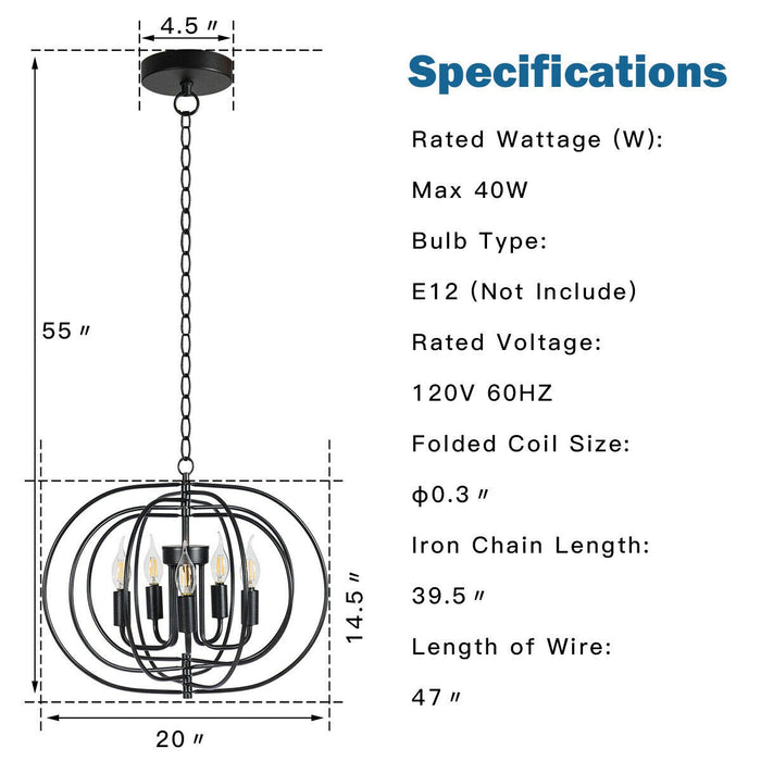 16" Folding Rotatable Chandelier 5 Lights Metal Ceiling Lamp